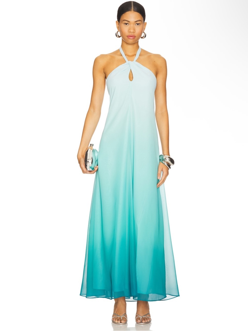 Line & Dot Aden Ombre Halter Flowy Chiffon Maxi Dress in Teal Blue size medium